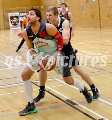 Basketball 2. Bundesliga 2015/16 Grunddurchgang 17. Runde. Villach Raiders  gegen Woerthersee Piraten. Marko Kolaric (Villach), Sebastian Wuertz (Piraten). Villach, 7.2.2016.
Foto: Kuess
---
pressefotos, pressefotografie, kuess, qs, qspictures, sport, bild, bilder, bilddatenbank