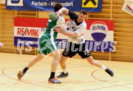 Handball Bundesliga. Obere Play Off. SC Ferlach gegen schlafraum.at Kaernten. Dean Pomorisac,  (Ferlach), Klemen Kresnik (HCK). Ferlach, am 13.2.2016.
Foto: Kuess
---
pressefotos, pressefotografie, kuess, qs, qspictures, sport, bild, bilder, bilddatenbank