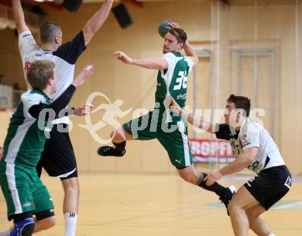 Handball Bundesliga. Obere Play Off. SC Ferlach gegen schlafraum.at Kaernten. Risto Arnaudovski, Mario Simic,  (Ferlach), Rok Ivancic (HCK). Ferlach, am 13.2.2016.
Foto: Kuess
---
pressefotos, pressefotografie, kuess, qs, qspictures, sport, bild, bilder, bilddatenbank