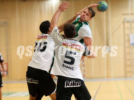 Handball Bundesliga. Obere Play Off. SC Ferlach gegen schlafraum.at Kaernten. Anis Gatfi, Mario Simic, (Ferlach),  Rok Ivancic (HCK). Ferlach, am 13.2.2016.
Foto: Kuess
---
pressefotos, pressefotografie, kuess, qs, qspictures, sport, bild, bilder, bilddatenbank