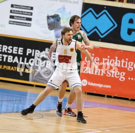 Basketball 2. Bundesliga 2015/16 Grunddurchgang 18. Runde. Woerthersee Piraten gegen Dornbirn Lions. Huber Sebastian (Piraten),  Fabio Thaler (Dornbirn). Klagenfurt, 13.2.2016.
Foto: Kuess
---
pressefotos, pressefotografie, kuess, qs, qspictures, sport, bild, bilder, bilddatenbank