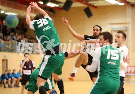 Handball Bundesliga. Obere Play Off. SC Ferlach gegen schlafraum.at Kaernten. Anis Gatfi, (Ferlach), Rok Ivancic  (HCK). Ferlach, am 13.2.2016.
Foto: Kuess
---
pressefotos, pressefotografie, kuess, qs, qspictures, sport, bild, bilder, bilddatenbank