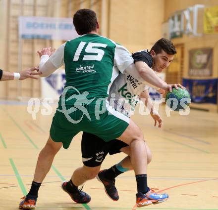 Handball Bundesliga. Obere Play Off. SC Ferlach gegen schlafraum.at Kaernten. Fabian Vidakovic, (Ferlach), Klemen Kresnik  (HCK). Ferlach, am 13.2.2016.
Foto: Kuess
---
pressefotos, pressefotografie, kuess, qs, qspictures, sport, bild, bilder, bilddatenbank