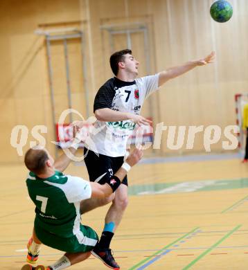 Handball Bundesliga. Obere Play Off. SC Ferlach gegen schlafraum.at Kaernten. Fabian Vidakovic, (Ferlach), Leopold Wagner  (HCK). Ferlach, am 13.2.2016.
Foto: Kuess
---
pressefotos, pressefotografie, kuess, qs, qspictures, sport, bild, bilder, bilddatenbank