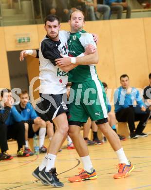 Handball Bundesliga. Obere Play Off. SC Ferlach gegen schlafraum.at Kaernten. Dean Pomorisac,  (Ferlach), Leopold Wagner (HCK). Ferlach, am 13.2.2016.
Foto: Kuess
---
pressefotos, pressefotografie, kuess, qs, qspictures, sport, bild, bilder, bilddatenbank