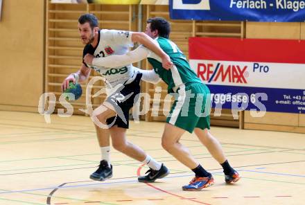 Handball Bundesliga. Obere Play Off. SC Ferlach gegen schlafraum.at Kaernten. Dean Pomorisac, (Ferlach), Klemen Kresnik  (HCK). Ferlach, am 13.2.2016.
Foto: Kuess
---
pressefotos, pressefotografie, kuess, qs, qspictures, sport, bild, bilder, bilddatenbank