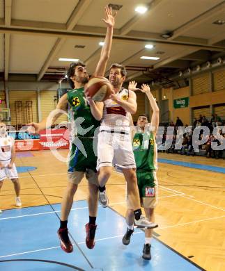 Basketball 2. Bundesliga 2015/16 Grunddurchgang 18. Runde. Woerthersee Piraten gegen Dornbirn Lions. Erschen Christian (Piraten),  Mario Tobar Ruiz (Dornbirn). Klagenfurt, 13.2.2016.
Foto: Kuess
---
pressefotos, pressefotografie, kuess, qs, qspictures, sport, bild, bilder, bilddatenbank