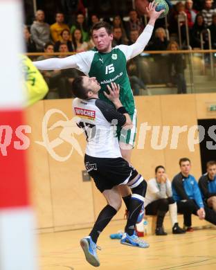 Handball Bundesliga. Obere Play Off. SC Ferlach gegen schlafraum.at Kaernten.  Izudin Mujanovic, (Ferlach), Klemen Kresnik  (HCK). Ferlach, am 13.2.2016.
Foto: Kuess
---
pressefotos, pressefotografie, kuess, qs, qspictures, sport, bild, bilder, bilddatenbank