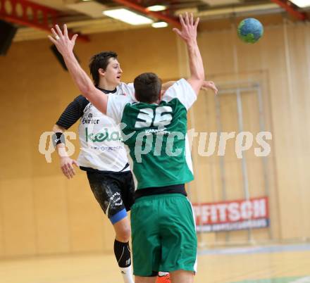 Handball Bundesliga. Obere Play Off. SC Ferlach gegen schlafraum.at Kaernten. Mathias Rath, (Ferlach), Rok Ivancic  (HCK). Ferlach, am 13.2.2016.
Foto: Kuess
---
pressefotos, pressefotografie, kuess, qs, qspictures, sport, bild, bilder, bilddatenbank