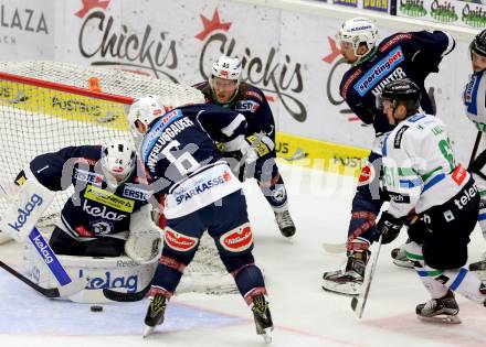 EBEL. Eishockey Bundesliga. EC VSV gegen HDD TELEMACH Olimpija Ljubljana. Jean Philippe Lamoureux, Gerhard Unterluggauer, Peter Robin Weihager, Eric Hunter, (VSV),  Luka Kalan (Laibach). Villach, am 19.2.2016.
Foto: Kuess 


---
pressefotos, pressefotografie, kuess, qs, qspictures, sport, bild, bilder, bilddatenbank