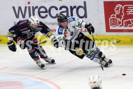 EBEL. Eishockey Bundesliga. EC VSV gegen HDD TELEMACH Olimpija Ljubljana. Benjamin Petrik,  (VSV), Miha Logar (Laibach). Villach, am 19.2.2016.
Foto: Kuess 


---
pressefotos, pressefotografie, kuess, qs, qspictures, sport, bild, bilder, bilddatenbank