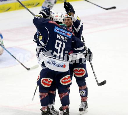 EBEL. Eishockey Bundesliga. EC VSV gegen HDD TELEMACH Olimpija Ljubljana. Torjubel Adis Alagic, Miha Verlic, Dustin Johner (VSV). Villach, am 19.2.2016.
Foto: Kuess 


---
pressefotos, pressefotografie, kuess, qs, qspictures, sport, bild, bilder, bilddatenbank