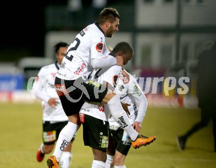 Fussball tipico Bundesliga. RZ Pellets WAC gegen SV Groedig. Torjubel Issiaka Ouedraogo, Manuel Seidl (WAC). Lavanttal Arena, am 20.2.2016.
Foto: Kuess
---
pressefotos, pressefotografie, kuess, qs, qspictures, sport, bild, bilder, bilddatenbank