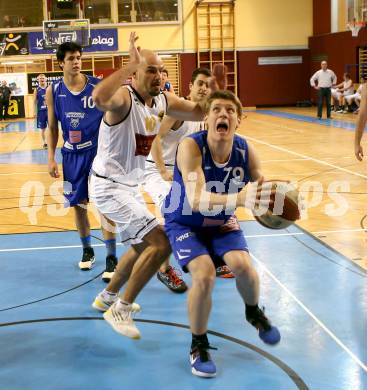 Basketball 2. Bundesliga 2015/16 Grunddurchgang 20. Runde. Woerthersee Piraten gegen Vienna D.C. Timberwolves. Joachim Buggelsheim, (Piraten),   Jonas John (Timberwolves). Klagenfurt, 27.2.2016.
Foto: Kuess
---
pressefotos, pressefotografie, kuess, qs, qspictures, sport, bild, bilder, bilddatenbank