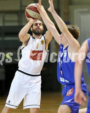 Basketball 2. Bundesliga 2015/16 Grunddurchgang 20. Runde. Woerthersee Piraten gegen Vienna D.C. Timberwolves. Edgar Allesch, (Piraten),  Jonas John (Timberwolves). Klagenfurt, 27.2.2016.
Foto: Kuess
---
pressefotos, pressefotografie, kuess, qs, qspictures, sport, bild, bilder, bilddatenbank