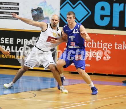 Basketball 2. Bundesliga 2015/16 Grunddurchgang 20. Runde. Woerthersee Piraten gegen Vienna D.C. Timberwolves. Joachim Buggelsheim, (Piraten),  Renato Poljak (Timberwolves). Klagenfurt, 27.2.2016.
Foto: Kuess
---
pressefotos, pressefotografie, kuess, qs, qspictures, sport, bild, bilder, bilddatenbank