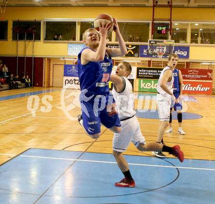 Basketball 2. Bundesliga 2015/16 Grunddurchgang 20. Runde. Woerthersee Piraten gegen Vienna D.C. Timberwolves. Tim Huber, (Piraten),  Claudio Vancura  (Timberwolves). Klagenfurt, 27.2.2016.
Foto: Kuess
---
pressefotos, pressefotografie, kuess, qs, qspictures, sport, bild, bilder, bilddatenbank