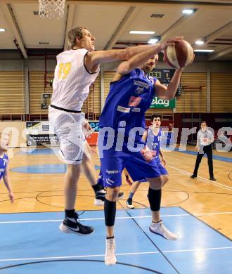 Basketball 2. Bundesliga 2015/16 Grunddurchgang 20. Runde. Woerthersee Piraten gegen Vienna D.C. Timberwolves. Sebastian Wuertz,  (Piraten),  Vincent Polakovic (Timberwolves). Klagenfurt, 27.2.2016.
Foto: Kuess
---
pressefotos, pressefotografie, kuess, qs, qspictures, sport, bild, bilder, bilddatenbank