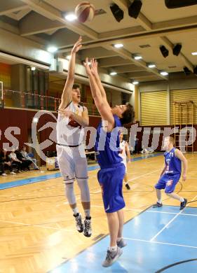 Basketball 2. Bundesliga 2015/16 Grunddurchgang 20. Runde. Woerthersee Piraten gegen Vienna D.C. Timberwolves. Christof Gspandl, (Piraten),  Philipp D Angelo (Timberwolves). Klagenfurt, 27.2.2016.
Foto: Kuess
---
pressefotos, pressefotografie, kuess, qs, qspictures, sport, bild, bilder, bilddatenbank