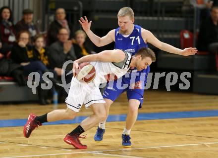 Basketball 2. Bundesliga 2015/16 Grunddurchgang 20. Runde. Woerthersee Piraten gegen Vienna D.C. Timberwolves. Tim Huber, (Piraten),  Claudio Vancura (Timberwolves). Klagenfurt, 27.2.2016.
Foto: Kuess
---
pressefotos, pressefotografie, kuess, qs, qspictures, sport, bild, bilder, bilddatenbank