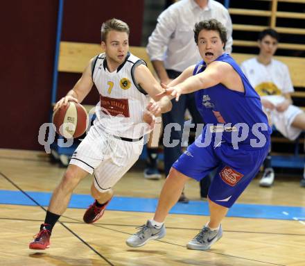 Basketball 2. Bundesliga 2015/16 Grunddurchgang 20. Runde. Woerthersee Piraten gegen Vienna D.C. Timberwolves. Tim Huber, (Piraten),  Philipp D Angelo (Timberwolves). Klagenfurt, 27.2.2016.
Foto: Kuess
---
pressefotos, pressefotografie, kuess, qs, qspictures, sport, bild, bilder, bilddatenbank