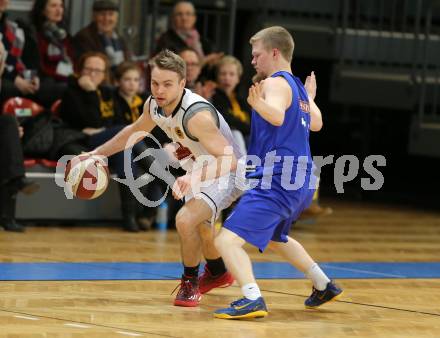 Basketball 2. Bundesliga 2015/16 Grunddurchgang 20. Runde. Woerthersee Piraten gegen Vienna D.C. Timberwolves. Tim Huber, (Piraten),  Claudio Vancura  (Timberwolves). Klagenfurt, 27.2.2016.
Foto: Kuess
---
pressefotos, pressefotografie, kuess, qs, qspictures, sport, bild, bilder, bilddatenbank