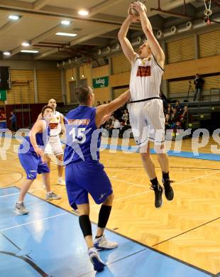 Basketball 2. Bundesliga 2015/16 Grunddurchgang 20. Runde. Woerthersee Piraten gegen Vienna D.C. Timberwolves. Sebastian Wuertz, (Piraten),  Vincent Polakovic  (Timberwolves). Klagenfurt, 27.2.2016.
Foto: Kuess
---
pressefotos, pressefotografie, kuess, qs, qspictures, sport, bild, bilder, bilddatenbank