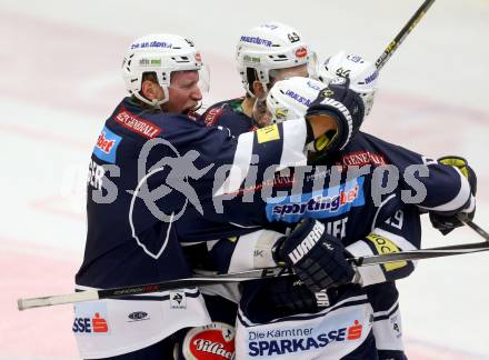 EBEL. Eishockey Bundesliga. EC VSV gegen UPC Vienna Capitals. Torjubel Dustin Johner, Stefan Bacher, Eric Hunter, Robin Weihager (VSV). Villach, am 28.2.2016.
Foto: Kuess 


---
pressefotos, pressefotografie, kuess, qs, qspictures, sport, bild, bilder, bilddatenbank