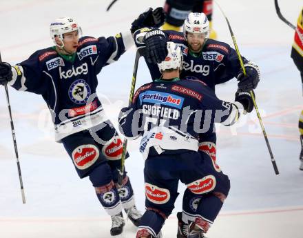 EBEL. Eishockey Bundesliga. EC VSV gegen UPC Vienna Capitals. Torjubel Rick Schofield, Ziga Pance, Mark Santorelli (VSV). Villach, am 28.2.2016.
Foto: Kuess 


---
pressefotos, pressefotografie, kuess, qs, qspictures, sport, bild, bilder, bilddatenbank