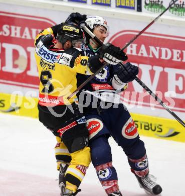 EBEL. Eishockey Bundesliga. EC VSV gegen UPC Vienna Capitals. Eric Hunter,  (VSV), Rafael Rotter (Caps). Villach, am 28.2.2016.
Foto: Kuess 


---
pressefotos, pressefotografie, kuess, qs, qspictures, sport, bild, bilder, bilddatenbank