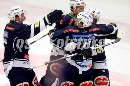 EBEL. Eishockey Bundesliga. EC VSV gegen UPC Vienna Capitals. Torjubel Dustin Johner, Stefan Bacher, Eric Hunter, Robin Weihager (VSV). Villach, am 28.2.2016.
Foto: Kuess 


---
pressefotos, pressefotografie, kuess, qs, qspictures, sport, bild, bilder, bilddatenbank