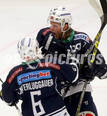 EBEL. Eishockey Bundesliga. EC VSV gegen UPC Vienna Capitals. Torjubel Ziga Pance, Peter Robin Weihager, Gerhard Unterluggauer (VSV). Villach, am 28.2.2016.
Foto: Kuess 


---
pressefotos, pressefotografie, kuess, qs, qspictures, sport, bild, bilder, bilddatenbank