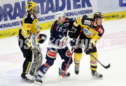 EBEL. Eishockey Bundesliga. EC VSV gegen UPC Vienna Capitals. Daniel Nageler,  (VSV), Nathan Lawson, Mario Fischer (Caps). Villach, am 28.2.2016.
Foto: Kuess 


---
pressefotos, pressefotografie, kuess, qs, qspictures, sport, bild, bilder, bilddatenbank