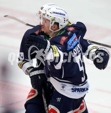 EBEL. Eishockey Bundesliga. EC VSV gegen UPC Vienna Capitals. Torjubel Dustin Johner, Stefan Bacher (VSV). Villach, am 28.2.2016.
Foto: Kuess 


---
pressefotos, pressefotografie, kuess, qs, qspictures, sport, bild, bilder, bilddatenbank