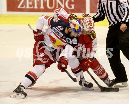 EBEL. Eishockey Bundesliga. KAC gegen EC Red Bull Salzburg. Stefan Geier, (KAC), Florian Baltram (Salzburg). Klagenfurt, am 28.2.2016.
Foto: Kuess

---
pressefotos, pressefotografie, kuess, qs, qspictures, sport, bild, bilder, bilddatenbank