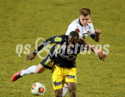 Fussball tipico Bundesliga. RZ Pellets WAC gegen Cashpoint SCR Altach. Michael Sollbauer,  (WAC), Ngwat Mahop Louis Clement (Altach). Lavanttal Arena, am 1.3.2016.
Foto: Kuess
---
pressefotos, pressefotografie, kuess, qs, qspictures, sport, bild, bilder, bilddatenbank