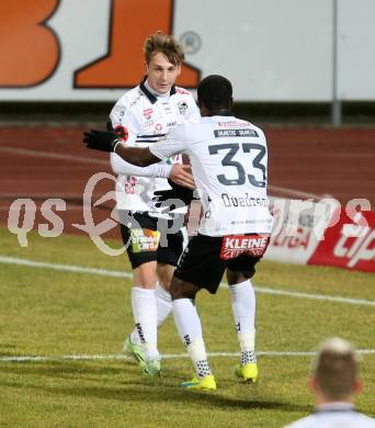 Fussball tipico Bundesliga. RZ Pellets WAC gegen Cashpoint SCR Altach. Torjubel Marc Andre Schmerboeck, Issiaka Ouedraogo (WAC). Lavanttal Arena, am 1.3.2016.
Foto: Kuess
---
pressefotos, pressefotografie, kuess, qs, qspictures, sport, bild, bilder, bilddatenbank