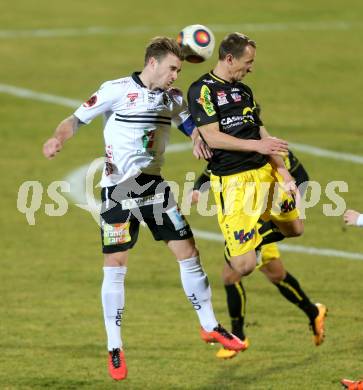 Fussball tipico Bundesliga. RZ Pellets WAC gegen Cashpoint SCR Altach. Michael Sollbauer,  (WAC), Johannes Aigner (Altach). Lavanttal Arena, am 1.3.2016.
Foto: Kuess
---
pressefotos, pressefotografie, kuess, qs, qspictures, sport, bild, bilder, bilddatenbank