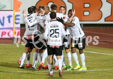 Fussball tipico Bundesliga. RZ Pellets WAC gegen Cashpoint SCR Altach. Torjubel WAC. Lavanttal Arena, am 1.3.2016.
Foto: Kuess
---
pressefotos, pressefotografie, kuess, qs, qspictures, sport, bild, bilder, bilddatenbank