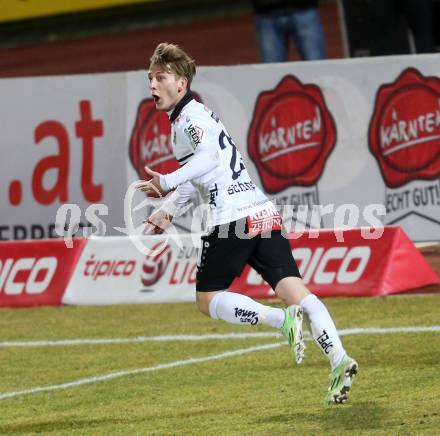 Fussball tipico Bundesliga. RZ Pellets WAC gegen Cashpoint SCR Altach. Torjubel Marc Andre Schmerboeck (WAC). Lavanttal Arena, am 1.3.2016.
Foto: Kuess
---
pressefotos, pressefotografie, kuess, qs, qspictures, sport, bild, bilder, bilddatenbank