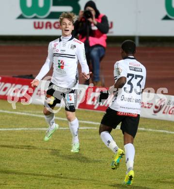 Fussball tipico Bundesliga. RZ Pellets WAC gegen Cashpoint SCR Altach. Torjubel Marc Andre Schmerboeck, Issiaka Ouedraogo (WAC). Lavanttal Arena, am 1.3.2016.
Foto: Kuess
---
pressefotos, pressefotografie, kuess, qs, qspictures, sport, bild, bilder, bilddatenbank