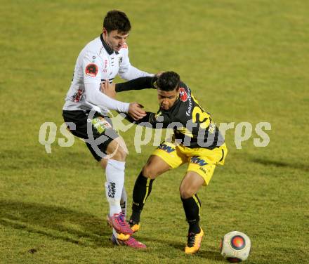 Fussball tipico Bundesliga. RZ Pellets WAC gegen Cashpoint SCR Altach. Joachim Standfest, (WAC),  Ismael Tajouri  (Altach). Lavanttal Arena, am 1.3.2016.
Foto: Kuess
---
pressefotos, pressefotografie, kuess, qs, qspictures, sport, bild, bilder, bilddatenbank