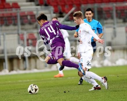 Fussball Sky go Erste Liga. SK Austria Klagenfurt gegen FAC Wien.  Eric Zachhuber (Klagenfurt), Stefan Krickl (Wien). Klagenfurt, am 4.3.2016.
Foto: Kuess
---
pressefotos, pressefotografie, kuess, qs, qspictures, sport, bild, bilder, bilddatenbank