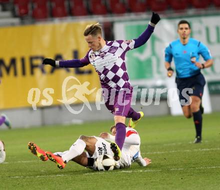 Fussball Sky go Erste Liga. SK Austria Klagenfurt gegen FAC Wien.  Fabian Miesenboeck (Klagenfurt), Andreas Bauer (Wien). Klagenfurt, am 4.3.2016.
Foto: Kuess
---
pressefotos, pressefotografie, kuess, qs, qspictures, sport, bild, bilder, bilddatenbank