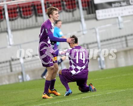 Fussball Sky go Erste Liga. SK Austria Klagenfurt gegen FAC Wien.  Torjubel Eric Zachhuber, Patrik Eler, (Klagenfurt). Klagenfurt, am 4.3.2016.
Foto: Kuess
---
pressefotos, pressefotografie, kuess, qs, qspictures, sport, bild, bilder, bilddatenbank