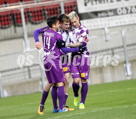 Fussball Sky go Erste Liga. SK Austria Klagenfurt gegen FAC Wien.  Torjubel Eric Zachhuber, Patrik Eler, Rajko Rep (Klagenfurt). Klagenfurt, am 4.3.2016.
Foto: Kuess
---
pressefotos, pressefotografie, kuess, qs, qspictures, sport, bild, bilder, bilddatenbank