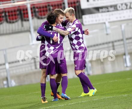 Fussball Sky go Erste Liga. SK Austria Klagenfurt gegen FAC Wien.  Torjubel Eric Zachhuber, Patrik Eler, Rajko Rep (Klagenfurt). Klagenfurt, am 4.3.2016.
Foto: Kuess
---
pressefotos, pressefotografie, kuess, qs, qspictures, sport, bild, bilder, bilddatenbank