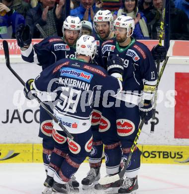 EBEL. Eishockey Bundesliga. EC VSV gegen UPC Vienna Capitals. Torjubel Rick Schofield, Markus Schlacher, Ziga Pance, Ryan McKiernan (VSV). Villach, am 4.3.2016.
Foto: Kuess 


---
pressefotos, pressefotografie, kuess, qs, qspictures, sport, bild, bilder, bilddatenbank