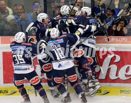 EBEL. Eishockey Bundesliga. EC VSV gegen UPC Vienna Capitals. Jubel  (VSV). Villach, am 4.3.2016.
Foto: Kuess 


---
pressefotos, pressefotografie, kuess, qs, qspictures, sport, bild, bilder, bilddatenbank