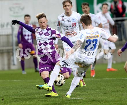 Fussball Sky go Erste Liga. SK Austria Klagenfurt gegen FAC Wien.  Fabian Miesenboeck (Klagenfurt), Thomas Weber (Wien). Klagenfurt, am 4.3.2016.
Foto: Kuess
---
pressefotos, pressefotografie, kuess, qs, qspictures, sport, bild, bilder, bilddatenbank